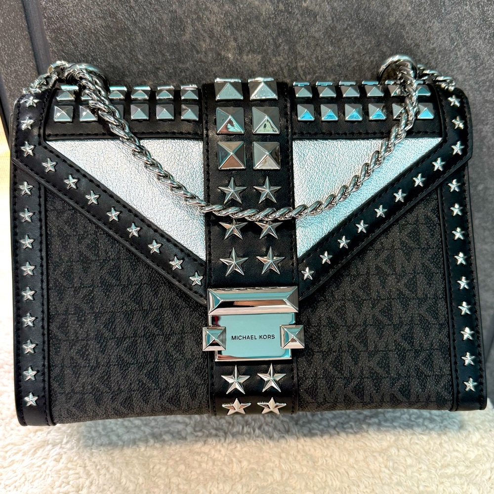 Michael Kors Whitney Star Convertible Crossbody Shoulder Stud Bag Silver